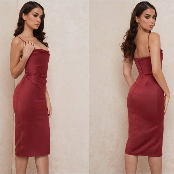 HOUSE OF CB 'Anja' Wine Satin Corset Midi Dress NWOT
